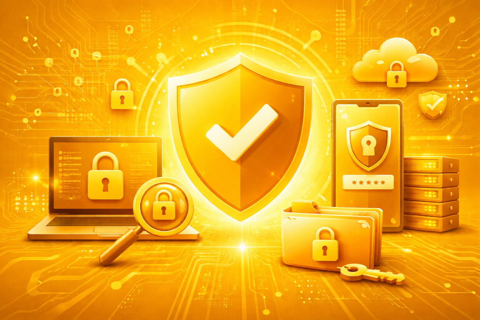 Illustrated digital shield surrounded by security icons, representing Cyber Essentials certification