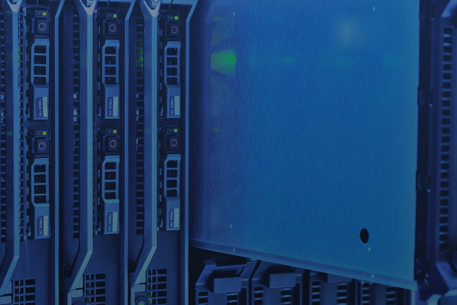 Detailed view of server racks with glowing lights in a data center environment.