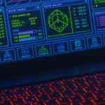 Futuristic digital interface displayed on laptop screen with neon red keyboard.